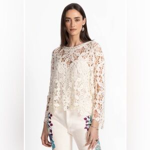 Johnny Was THE PICADO CROCHET‎ PULLOVER wool & cashmere crochet sweater Large